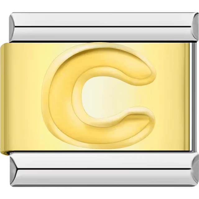 Gold Italian charm link with a raised letter "C" on a polished gold surface and silver edges.